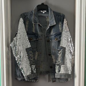 MACARON Distressed Denim Jacket with Silver Sequin Sleeves